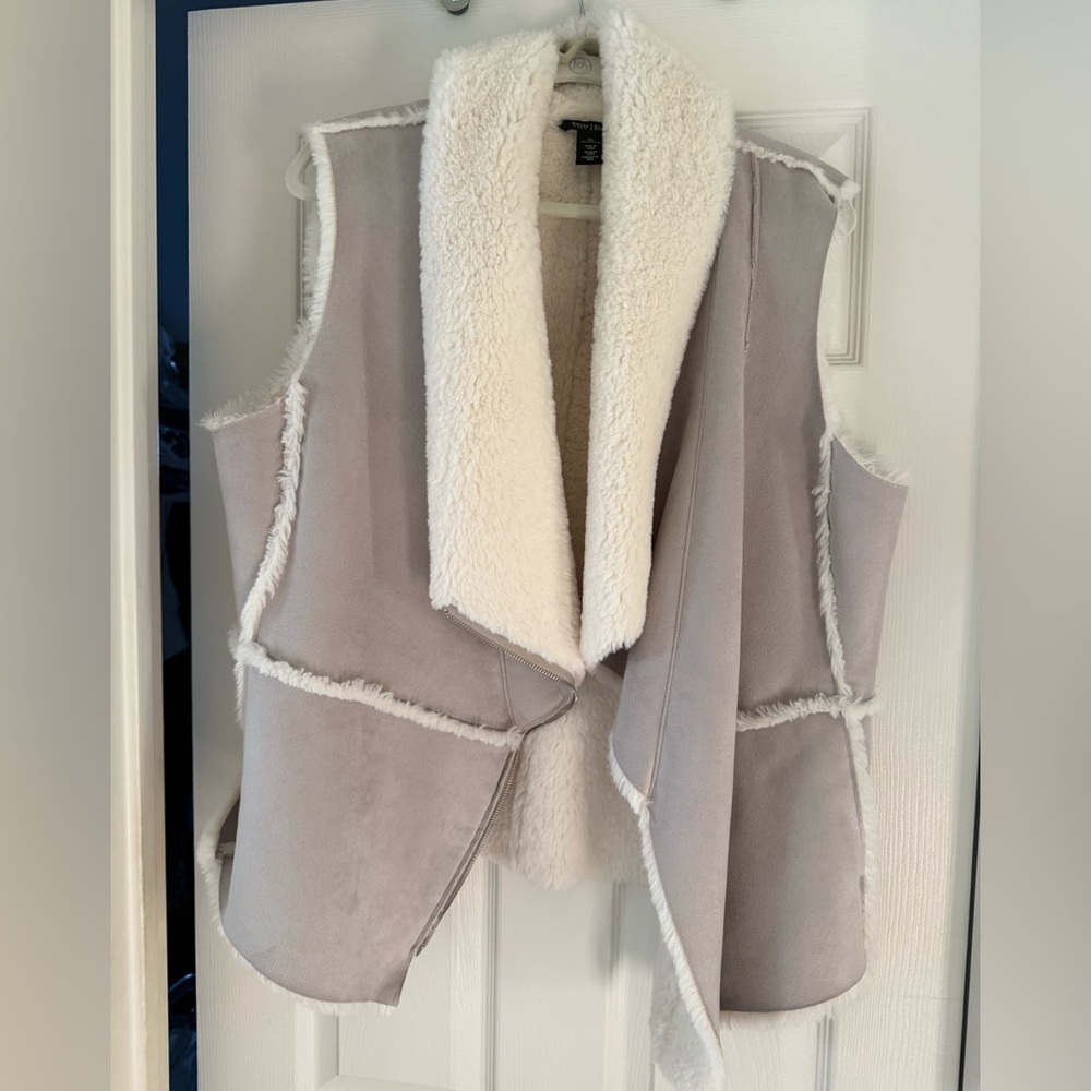 White House Black Market Shearling Vest in Tan Suede and Cream